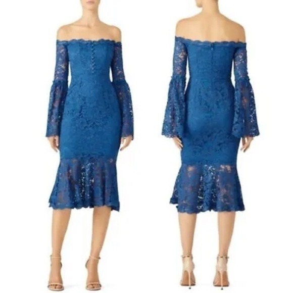 n/nicholas Dresses & Skirts - N Nicholas Blue Lace Octavia Cocktail Dress Off Shoulder Bell Sleeve S 8‎